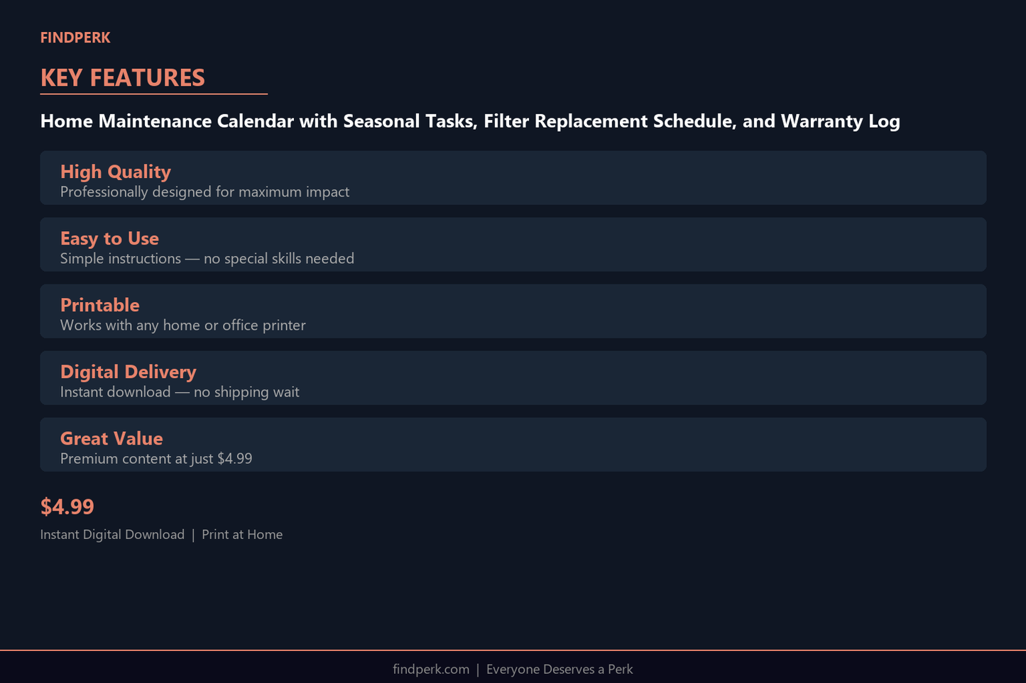 Home Maintenance Calendar with Seasonal Tasks, Filter Replacement Schedule, and Warranty Log