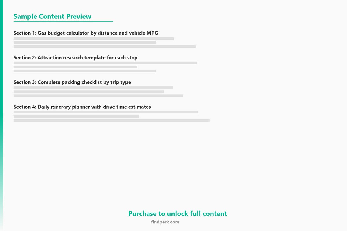 Road Trip Planner with Gas Budget Calculator, Attraction Research Template, and Packing Checklist - Content Preview