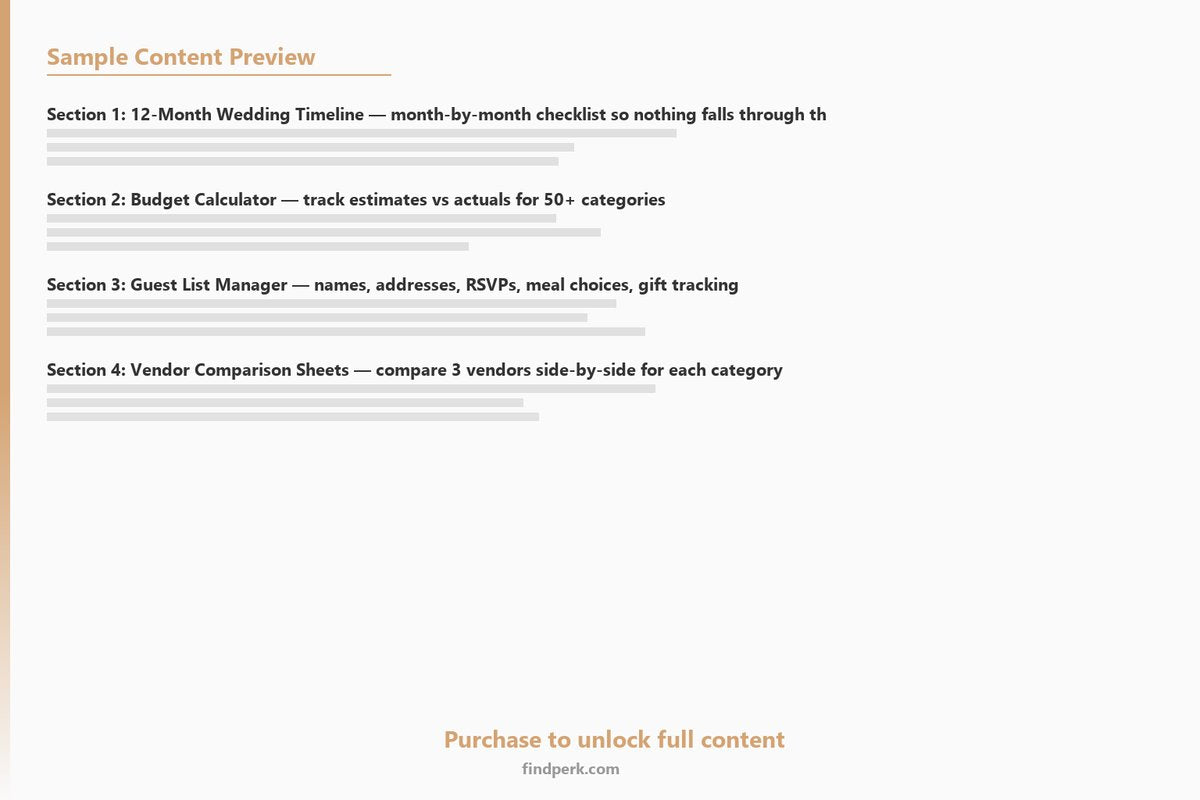 Ultimate Wedding Planning Toolkit - Budget, Timeline, Checklist & Vendor Tracker - Content Preview
