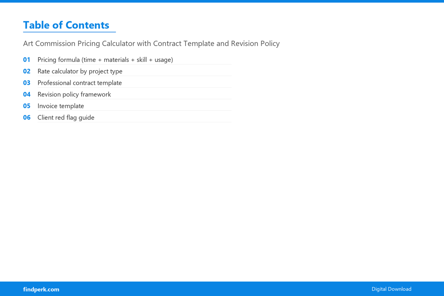 Art Commission Pricing Calculator with Contract Template and Revision Policy - Table of Contents