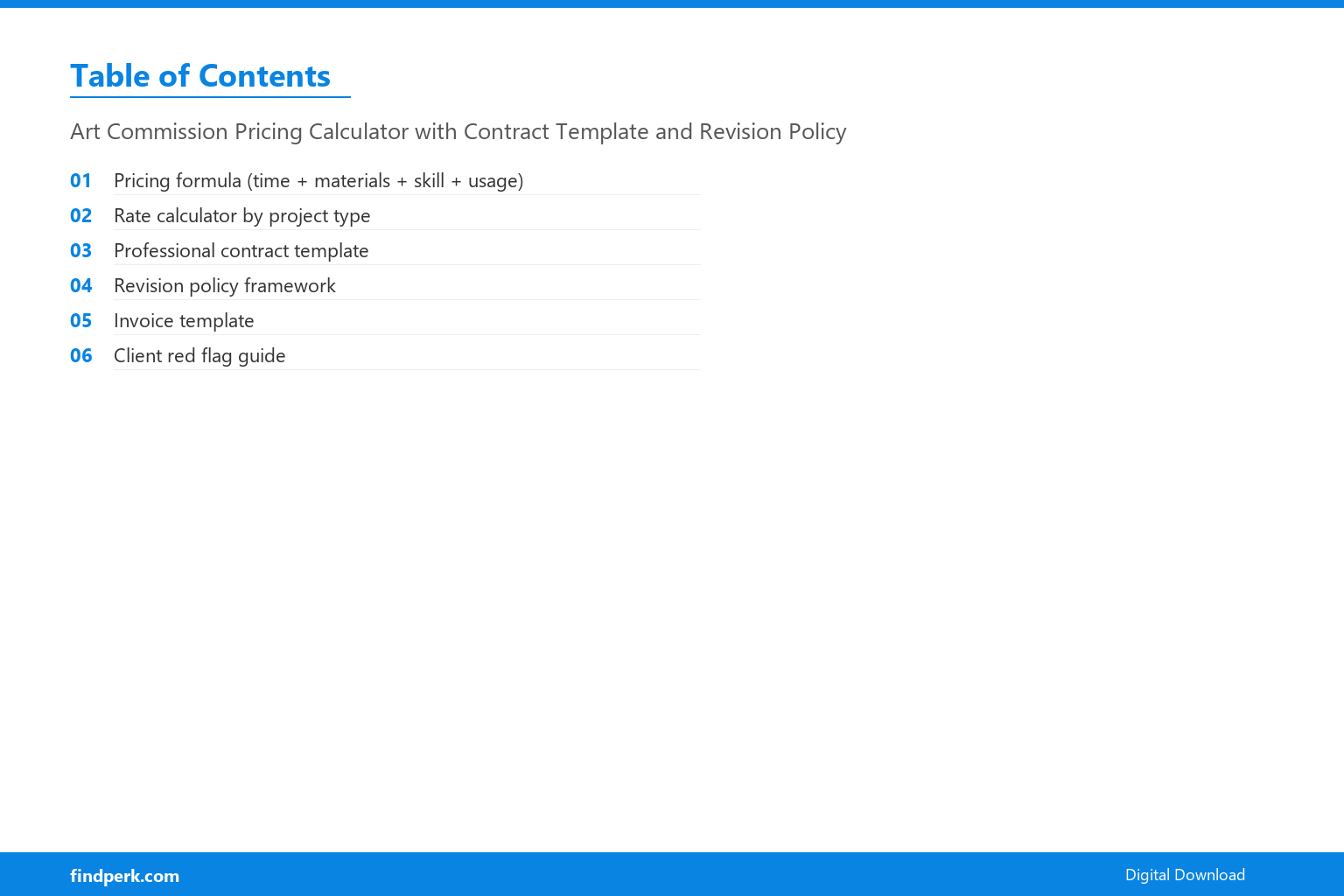 Art Commission Pricing Calculator with Contract Template and Revision Policy - Table of Contents