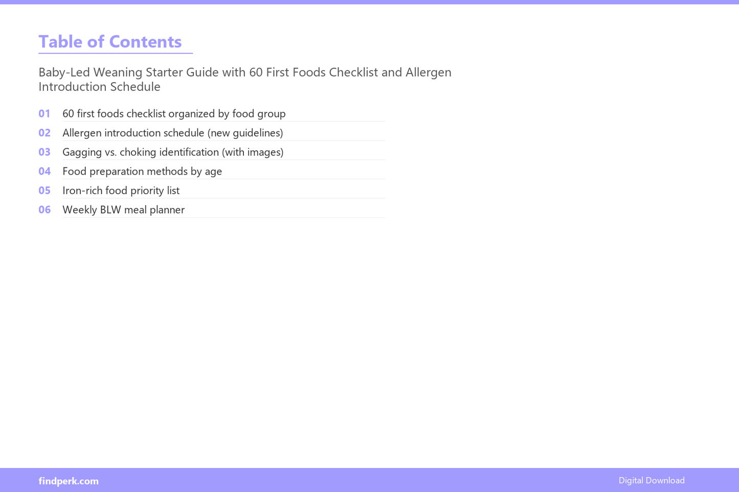 Baby-Led Weaning Starter Guide with 60 First Foods Checklist and Allergen Introduction Schedule - Table of Contents