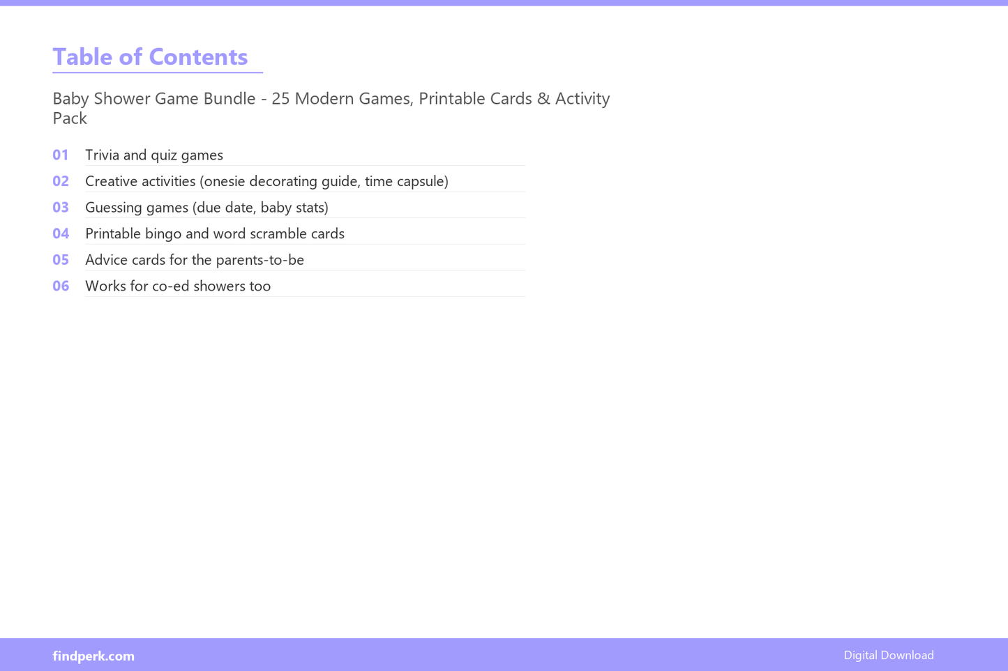 Baby Shower Game Bundle - 25 Modern Games, Printable Cards & Activity Pack - Table of Contents
