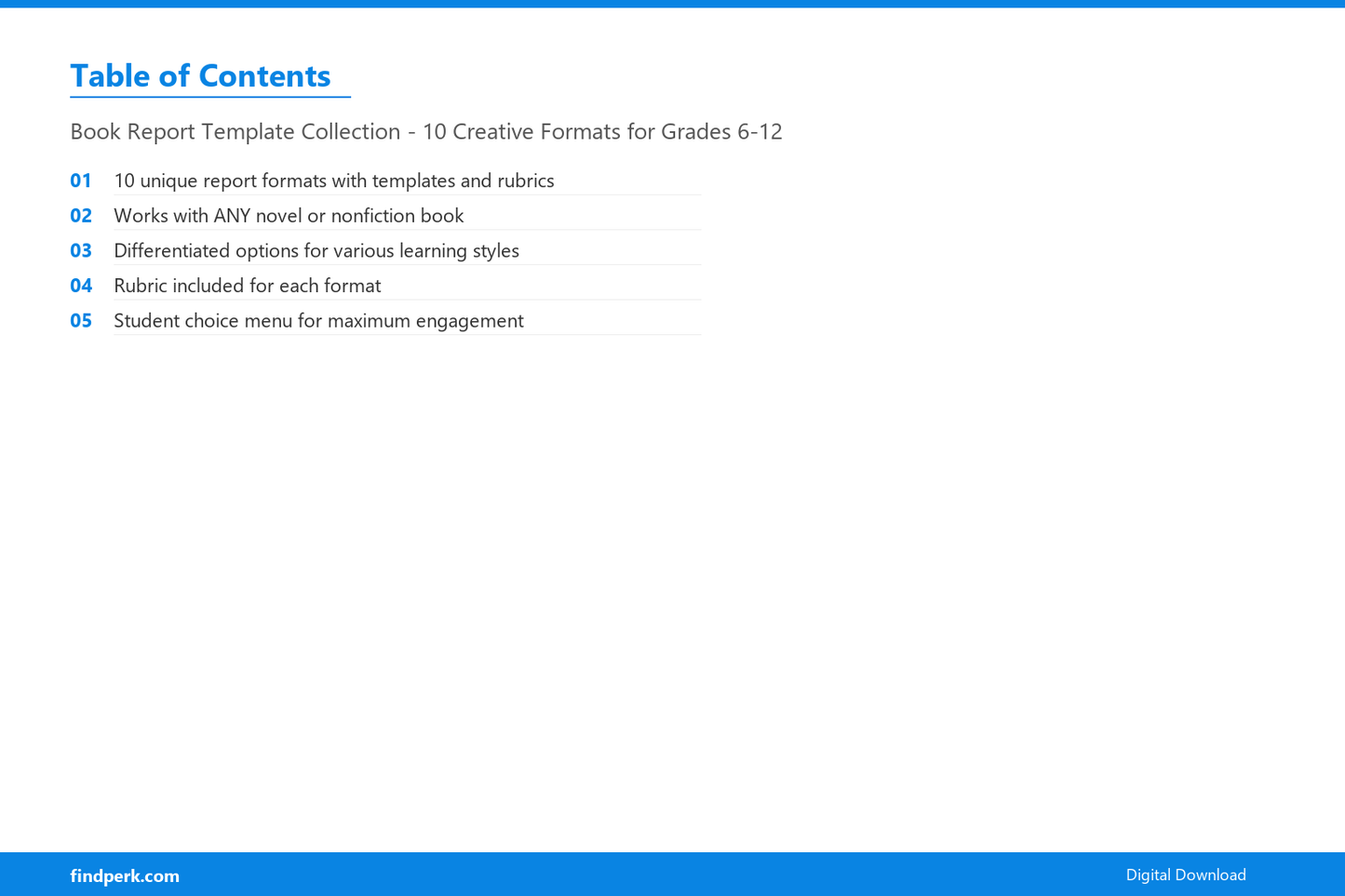 Book Report Template Collection - 10 Creative Formats for Grades 6-12 - Table of Contents