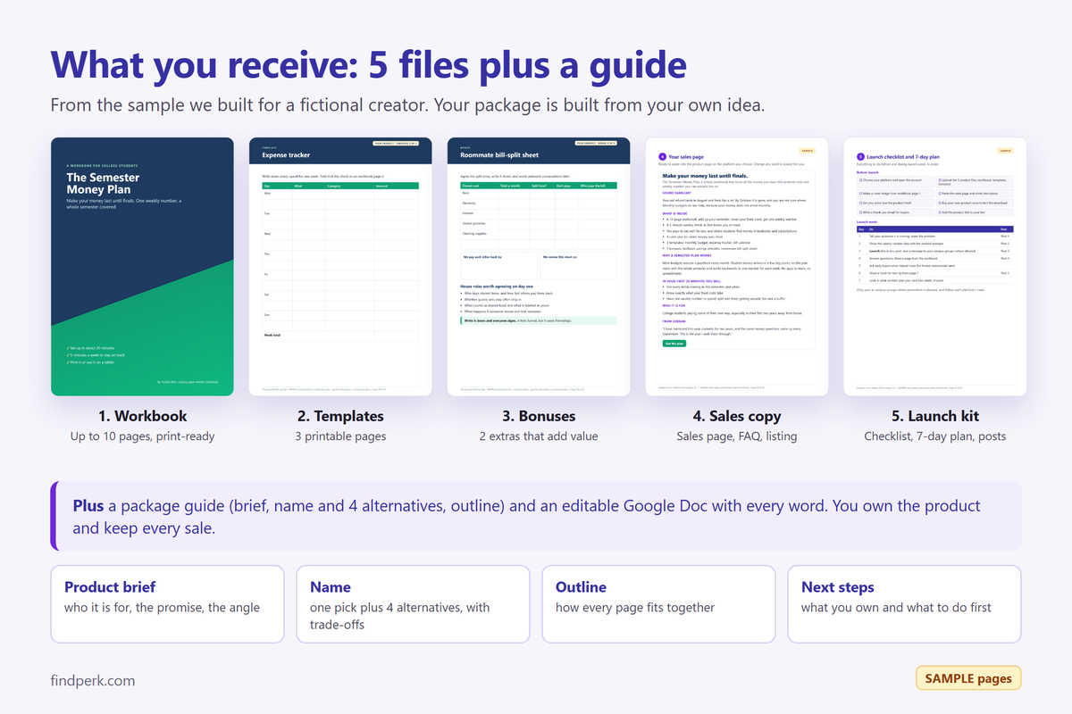 What you receive: 5 files plus a guide, from the sample product