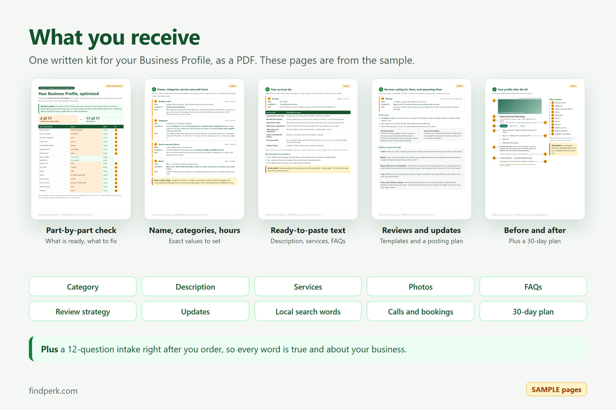 What you receive: pages from the sample kit