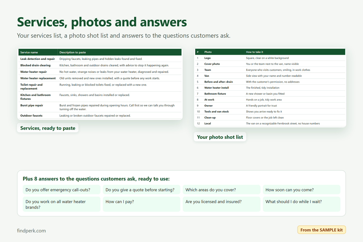 Services list, photo shot list and FAQ answers, from the sample