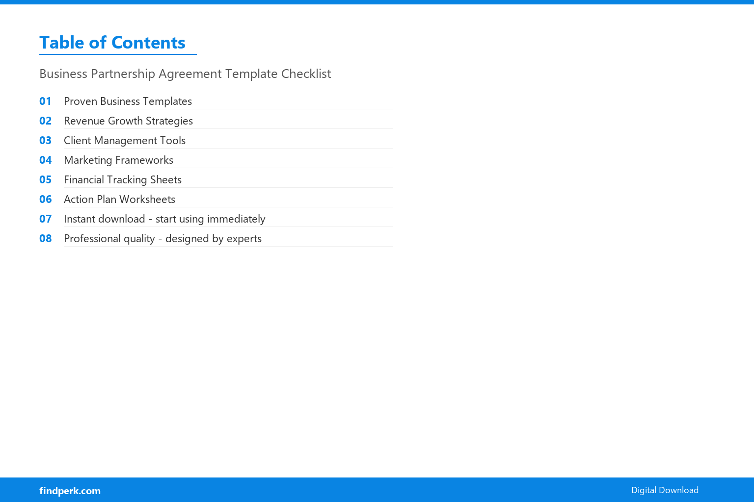 Business Partnership Agreement Template Checklist - Table of Contents