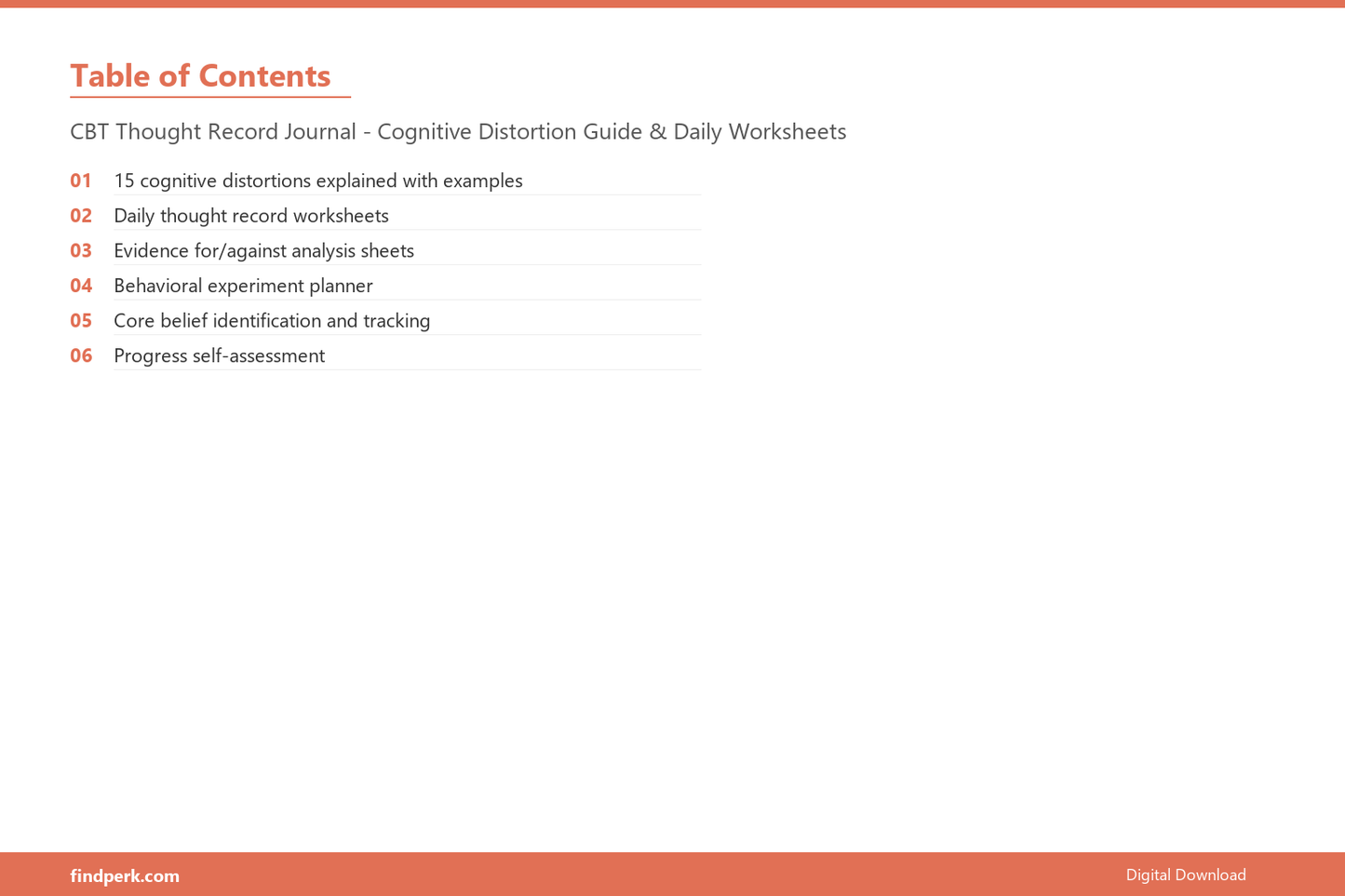 CBT Thought Record Journal - Cognitive Distortion Guide & Daily Worksheets - Table of Contents