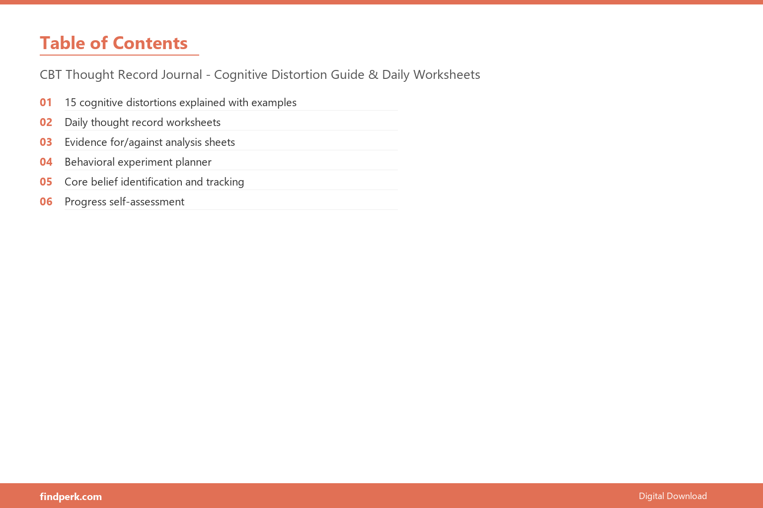 CBT Thought Record Journal - Cognitive Distortion Guide & Daily Worksheets - Table of Contents