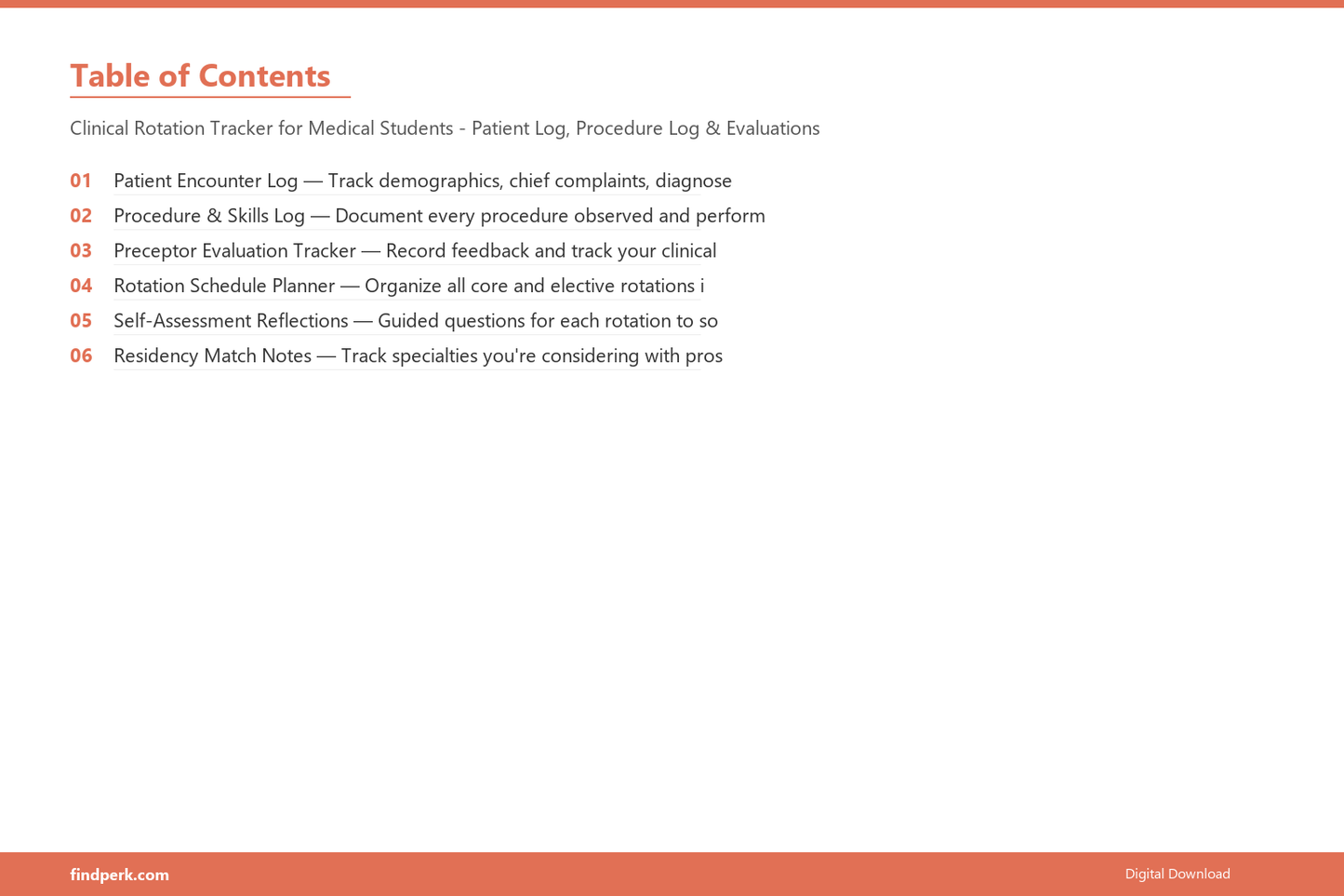 Clinical Rotation Tracker for Medical Students - Patient Log, Procedure Log & Evaluations - Table of Contents