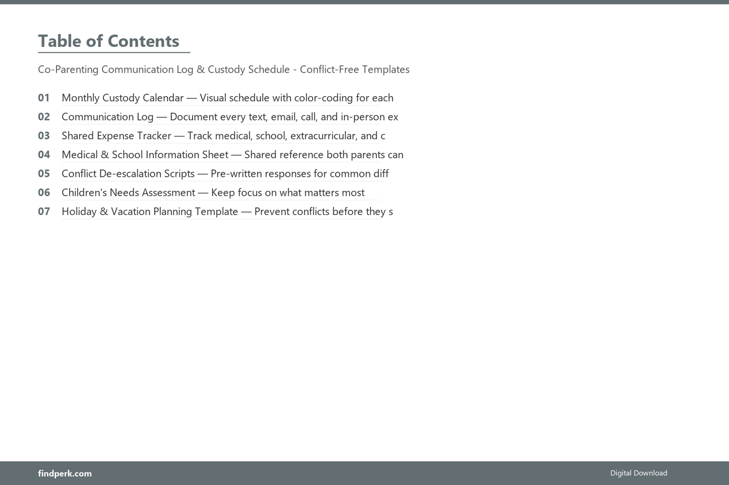 Co-Parenting Communication Log & Custody Schedule - Conflict-Free Templates - Table of Contents