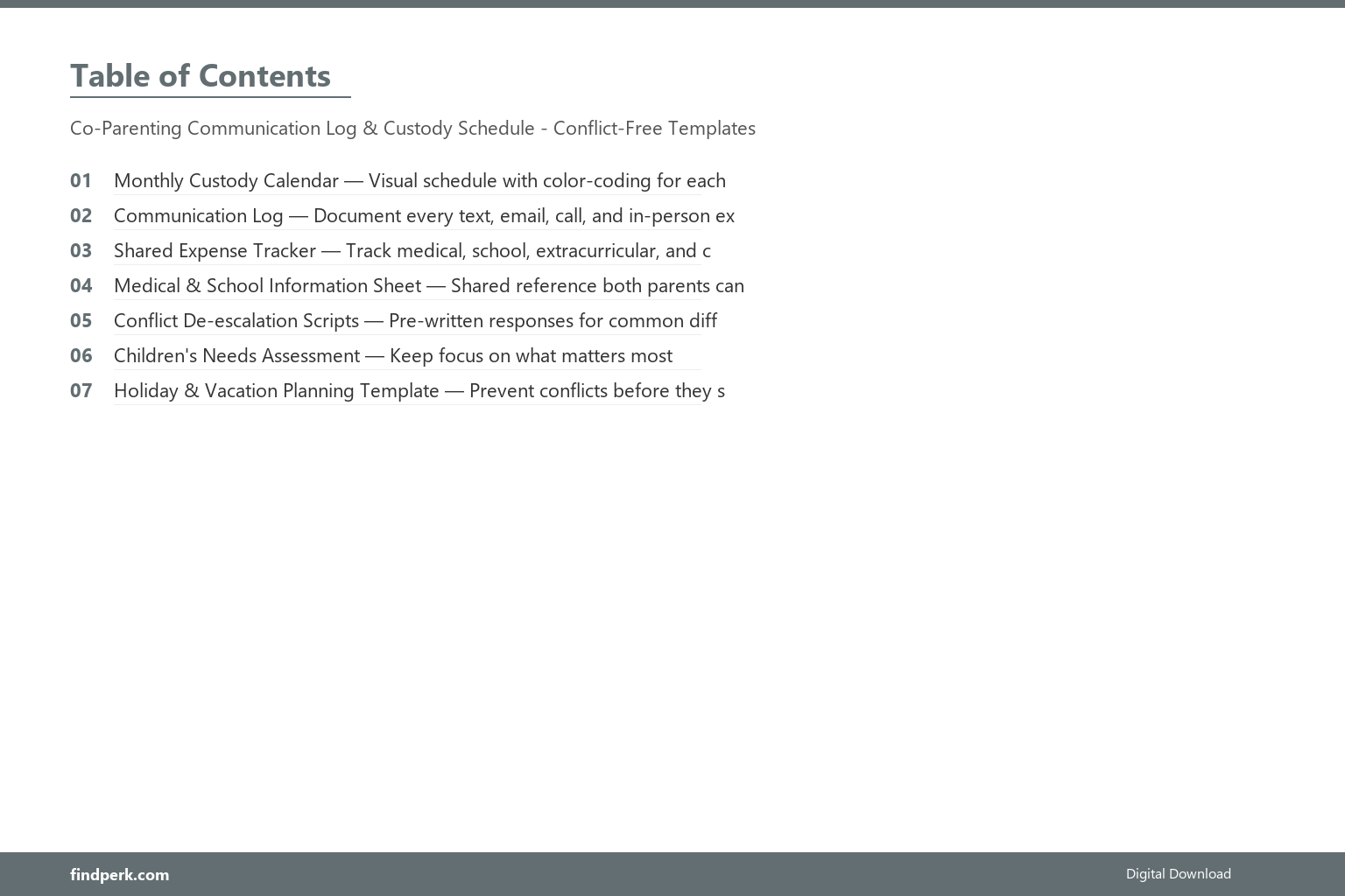 Co-Parenting Communication Log & Custody Schedule - Conflict-Free Templates - Table of Contents