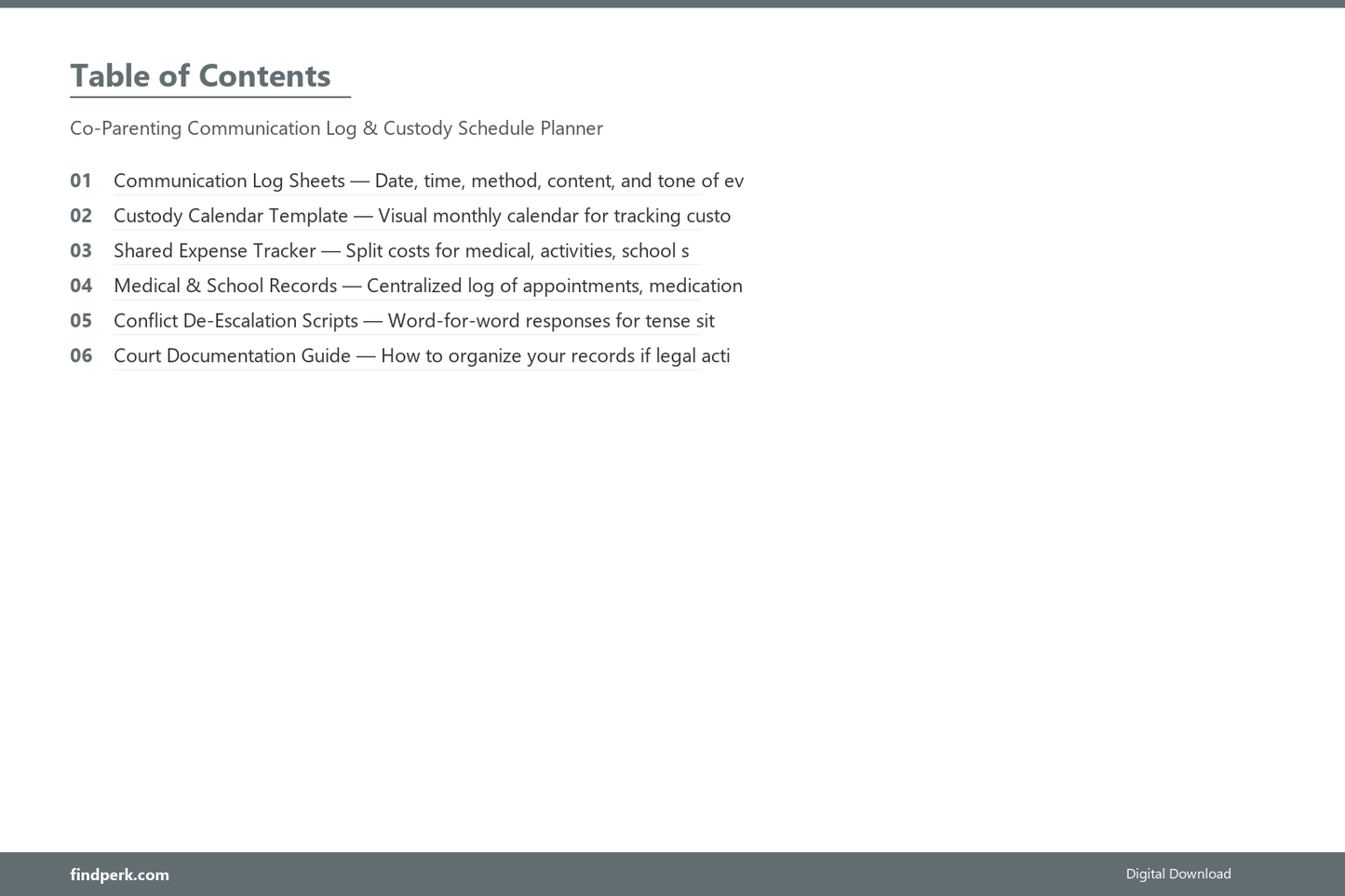 Co-Parenting Communication Log & Custody Schedule Planner - Table of Contents