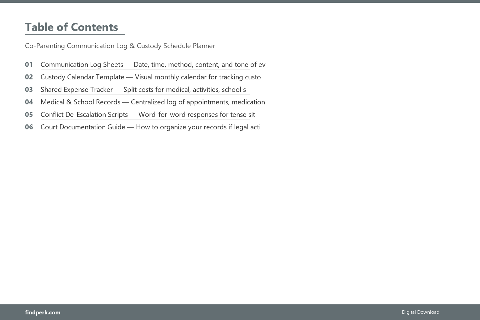 Co-Parenting Communication Log & Custody Schedule Planner - Table of Contents
