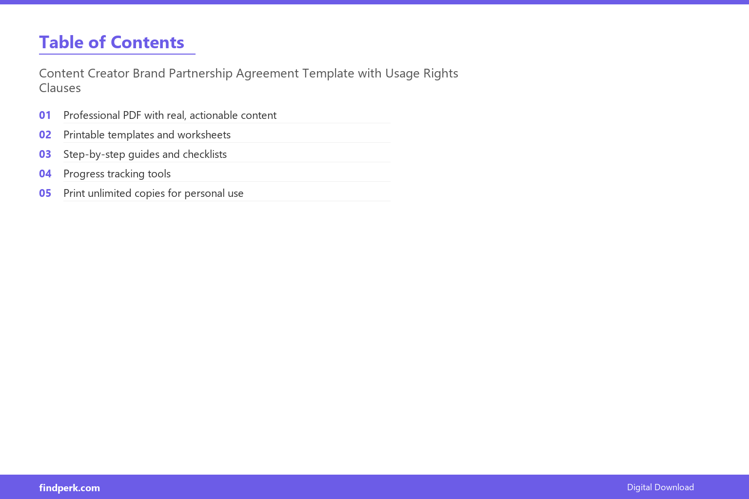 Content Creator Brand Partnership Agreement Template with Usage Rights Clauses - Table of Contents