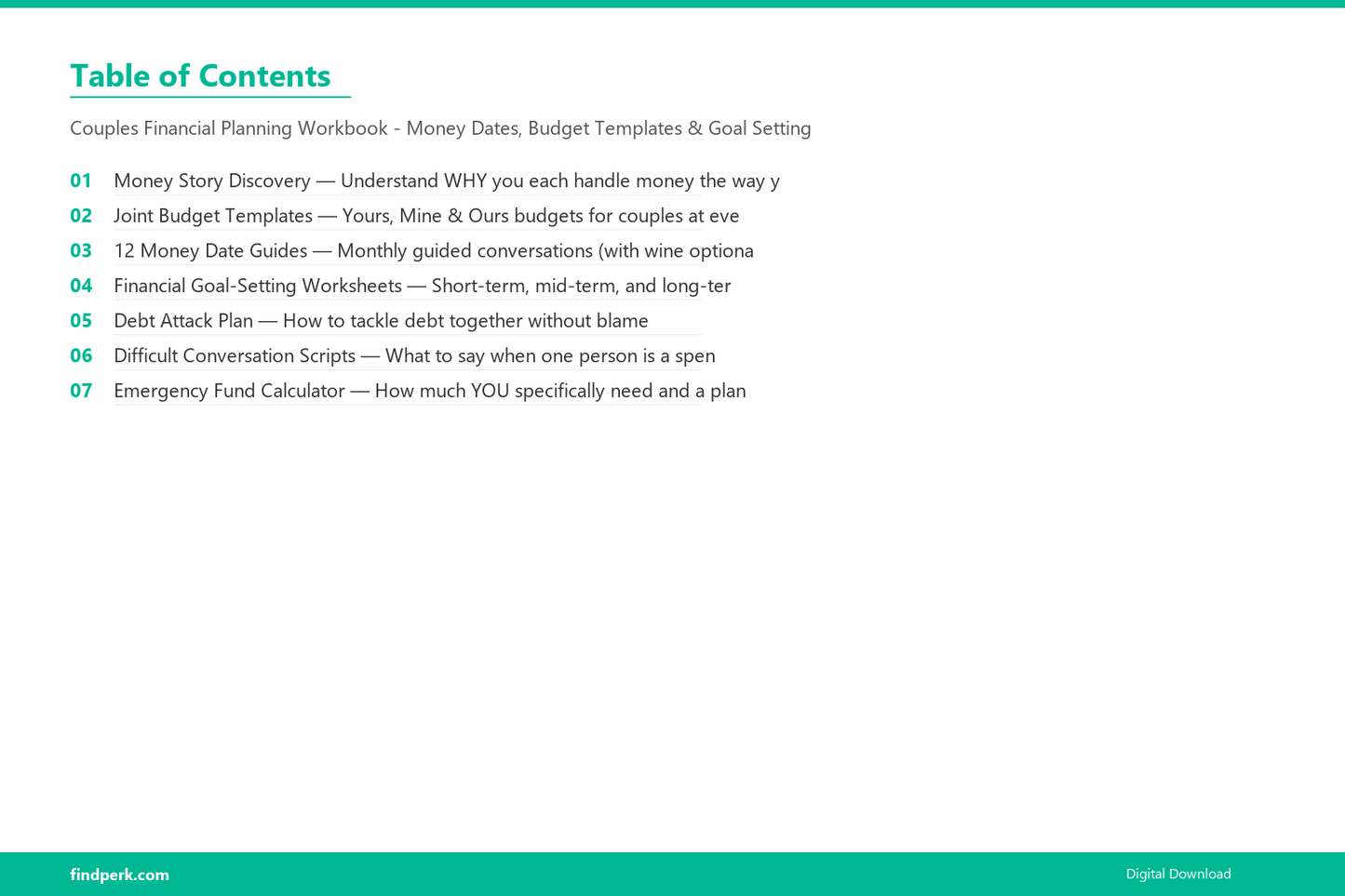 Couples Financial Planning Workbook - Money Dates, Budget Templates & Goal Setting - Table of Contents