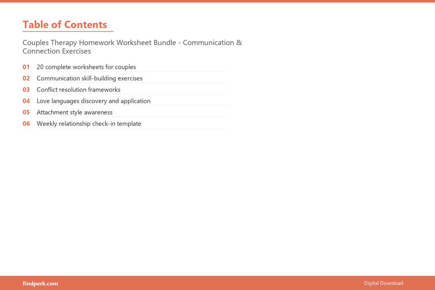 Couples Therapy Homework Worksheet Bundle - Communication & Connection Exercises - Table of Contents