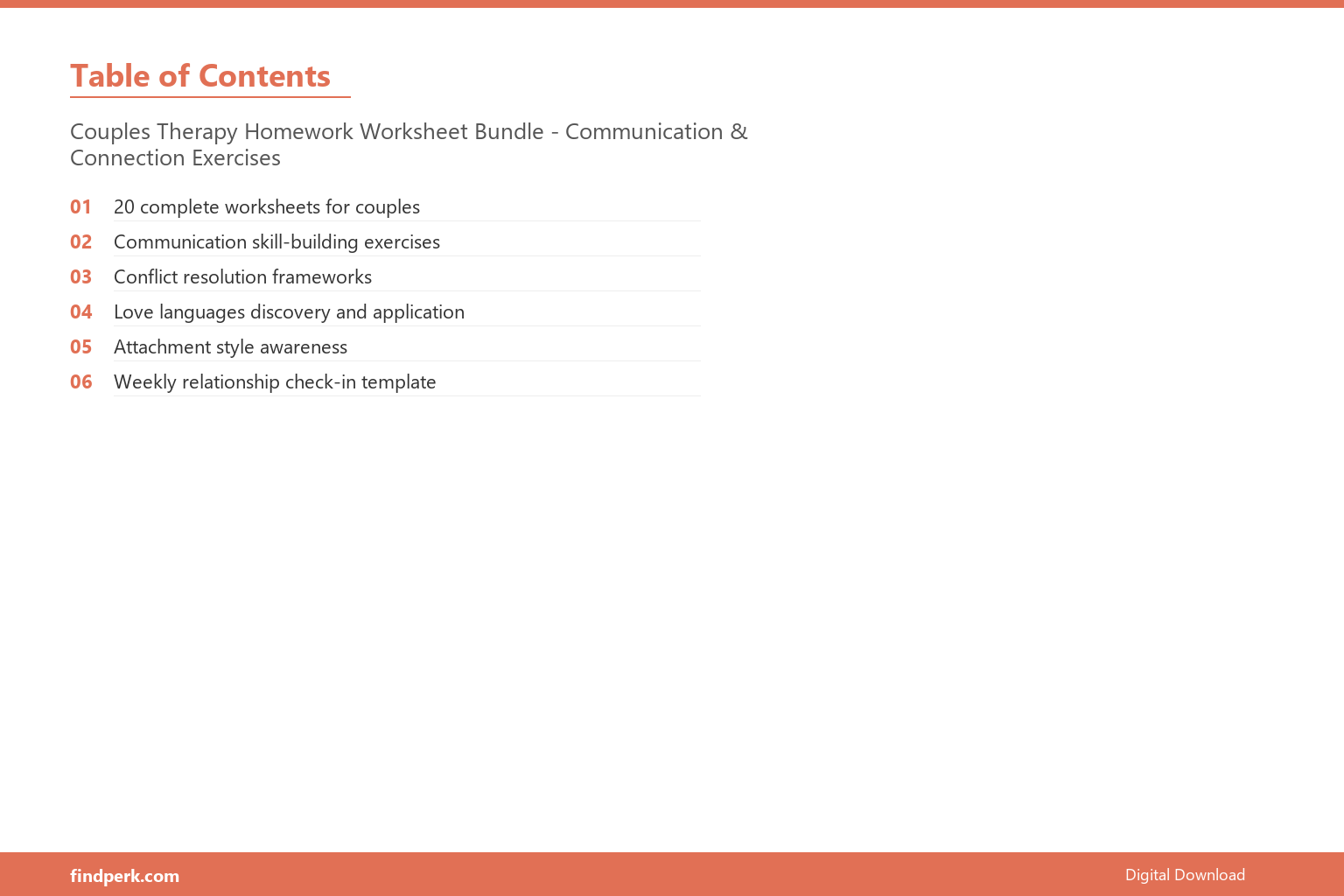 Couples Therapy Homework Worksheet Bundle - Communication & Connection Exercises - Table of Contents