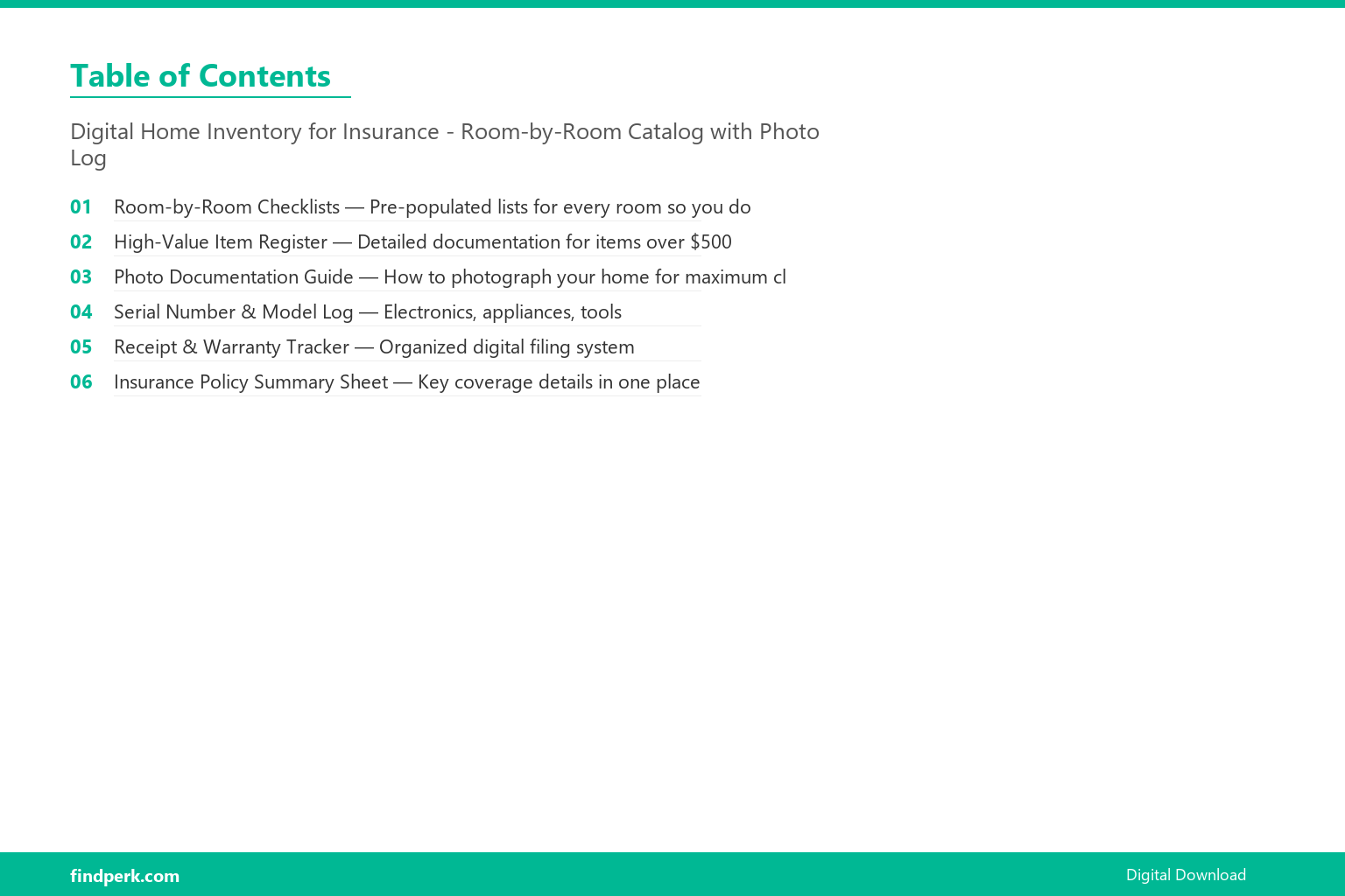 Digital Home Inventory for Insurance - Room-by-Room Catalog with Photo Log - Table of Contents
