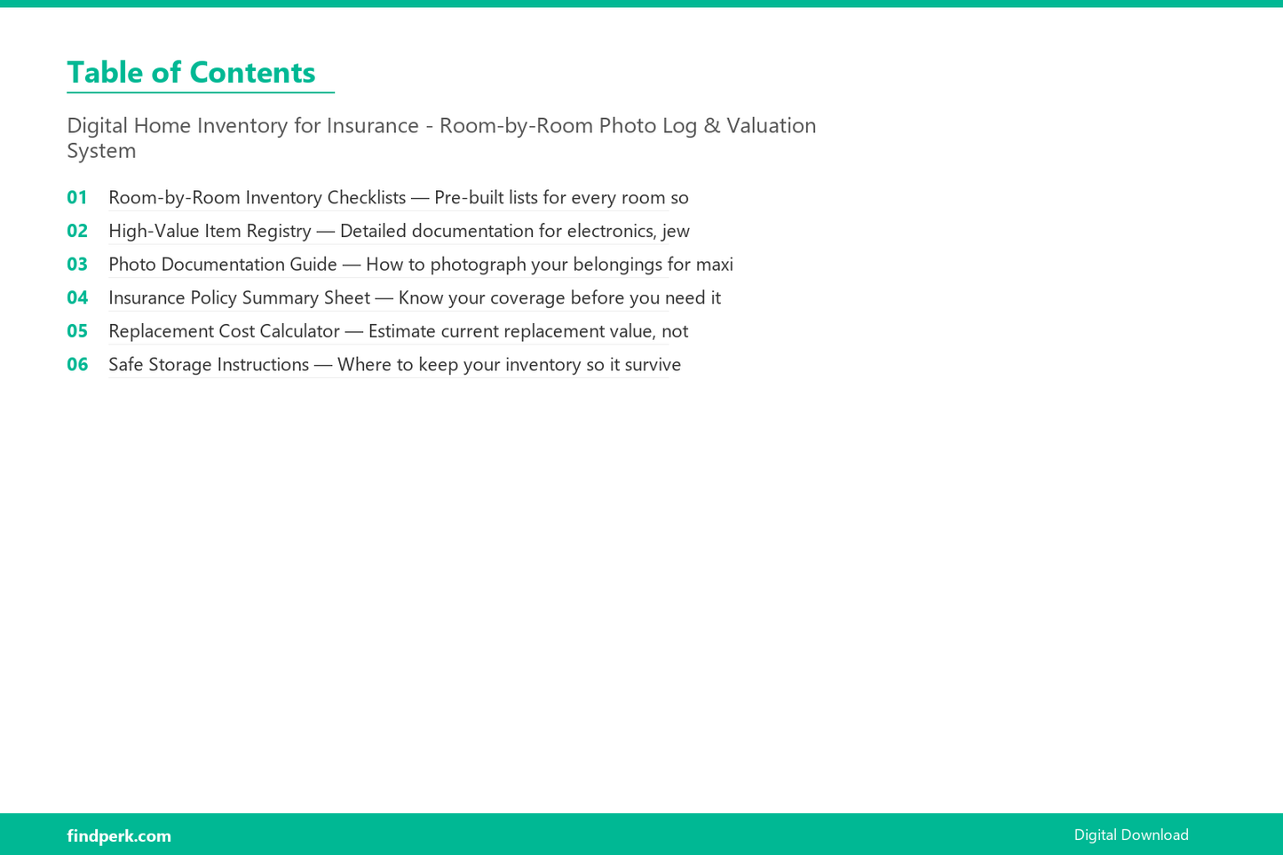 Digital Home Inventory for Insurance - Room-by-Room Photo Log & Valuation System - Table of Contents