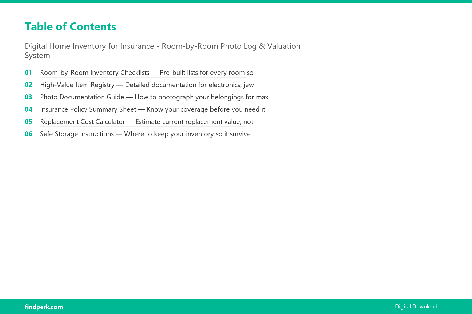 Digital Home Inventory for Insurance - Room-by-Room Photo Log & Valuation System - Table of Contents