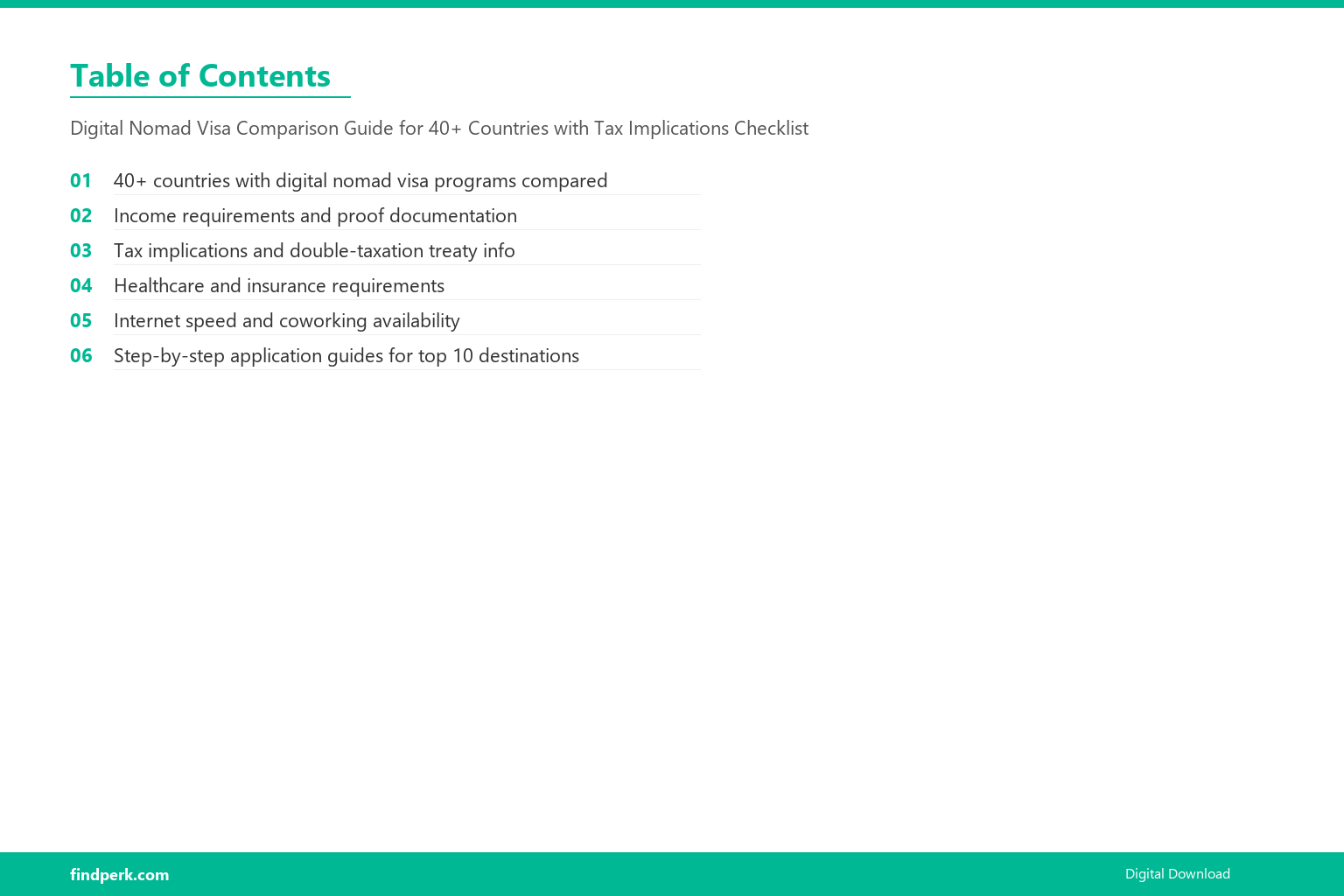Digital Nomad Visa Comparison Guide for 40+ Countries with Tax Implications Checklist - Table of Contents