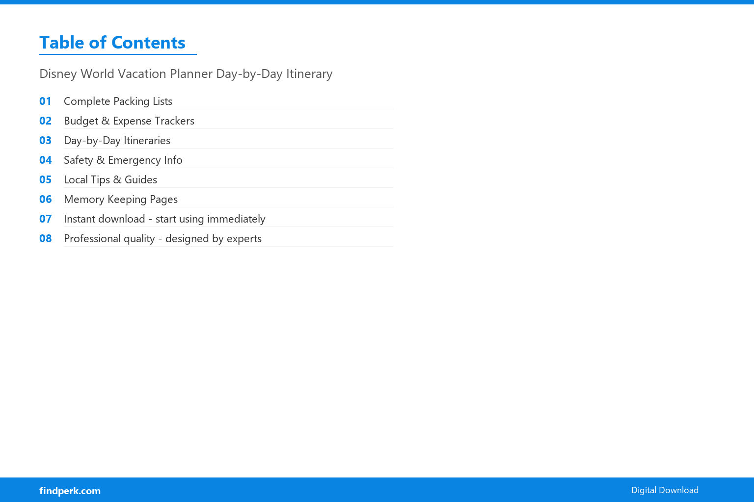Disney World Vacation Planner Day-by-Day Itinerary - Table of Contents