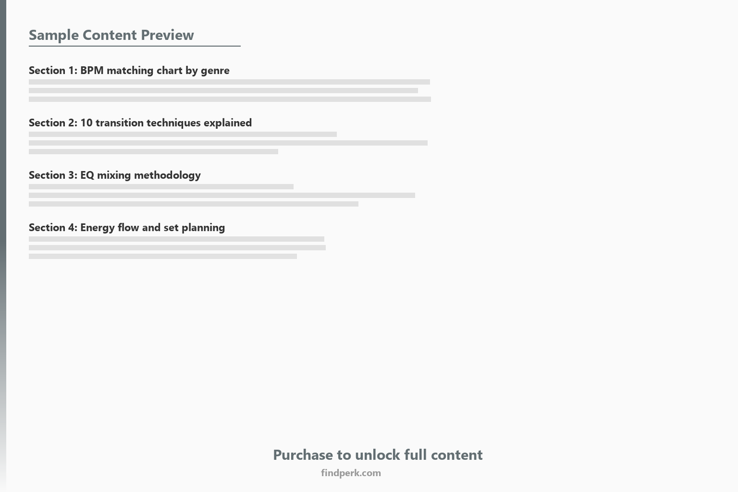 DJ Mixing Techniques Guide with BPM Matching Chart, Transition Types, and Set Planning Template - Content Preview