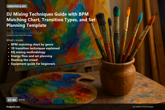 DJ Mixing Techniques Guide with BPM Matching Chart, Transition Types, and Set Planning Template - Cover