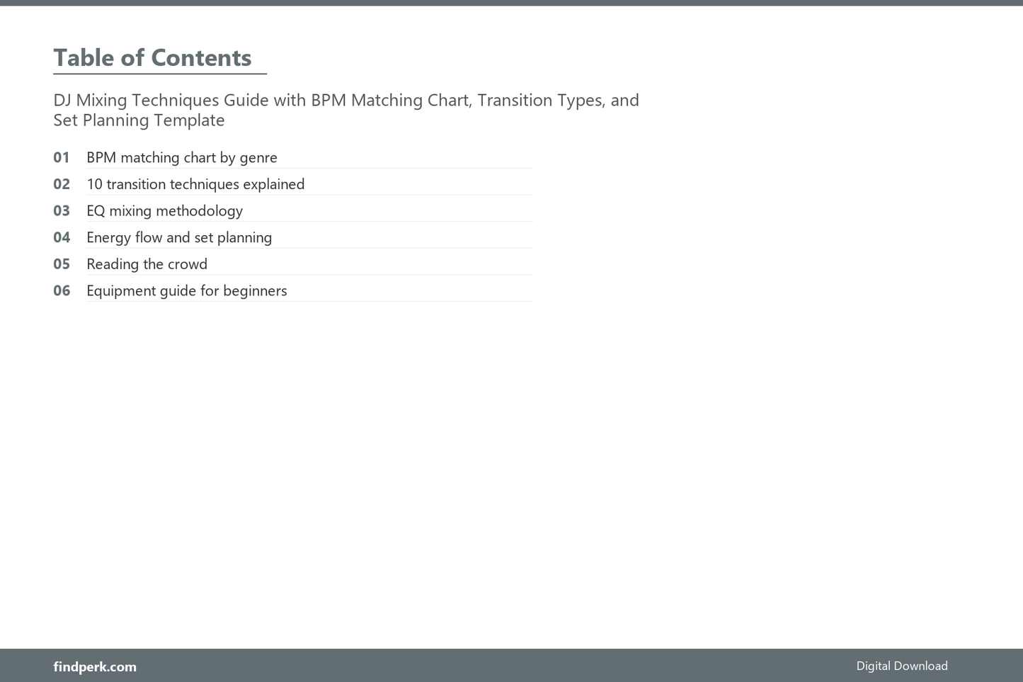DJ Mixing Techniques Guide with BPM Matching Chart, Transition Types, and Set Planning Template - Table of Contents