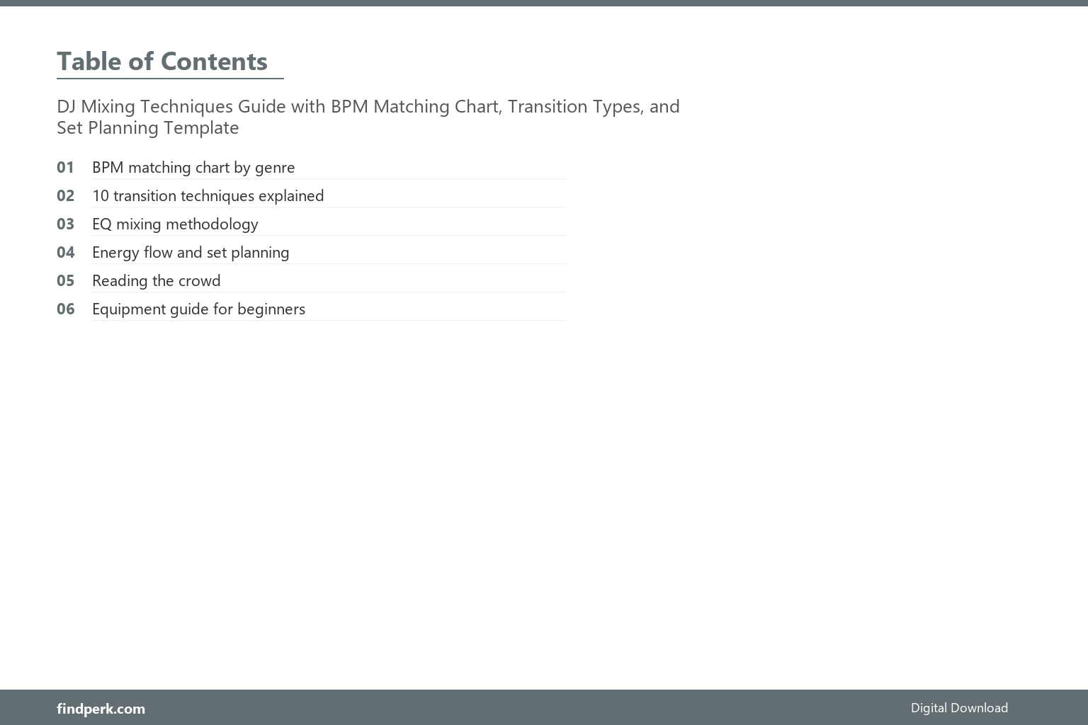 DJ Mixing Techniques Guide with BPM Matching Chart, Transition Types, and Set Planning Template - Table of Contents