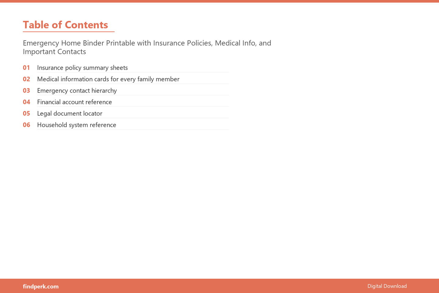Emergency Home Binder Printable with Insurance Policies, Medical Info, and Important Contacts - Table of Contents