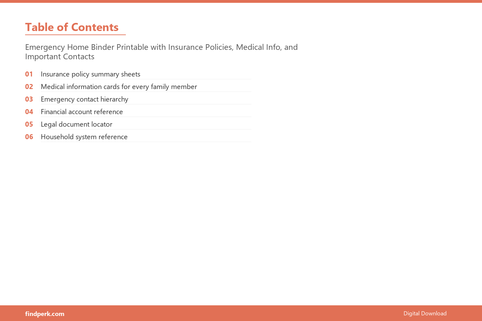 Emergency Home Binder Printable with Insurance Policies, Medical Info, and Important Contacts - Table of Contents