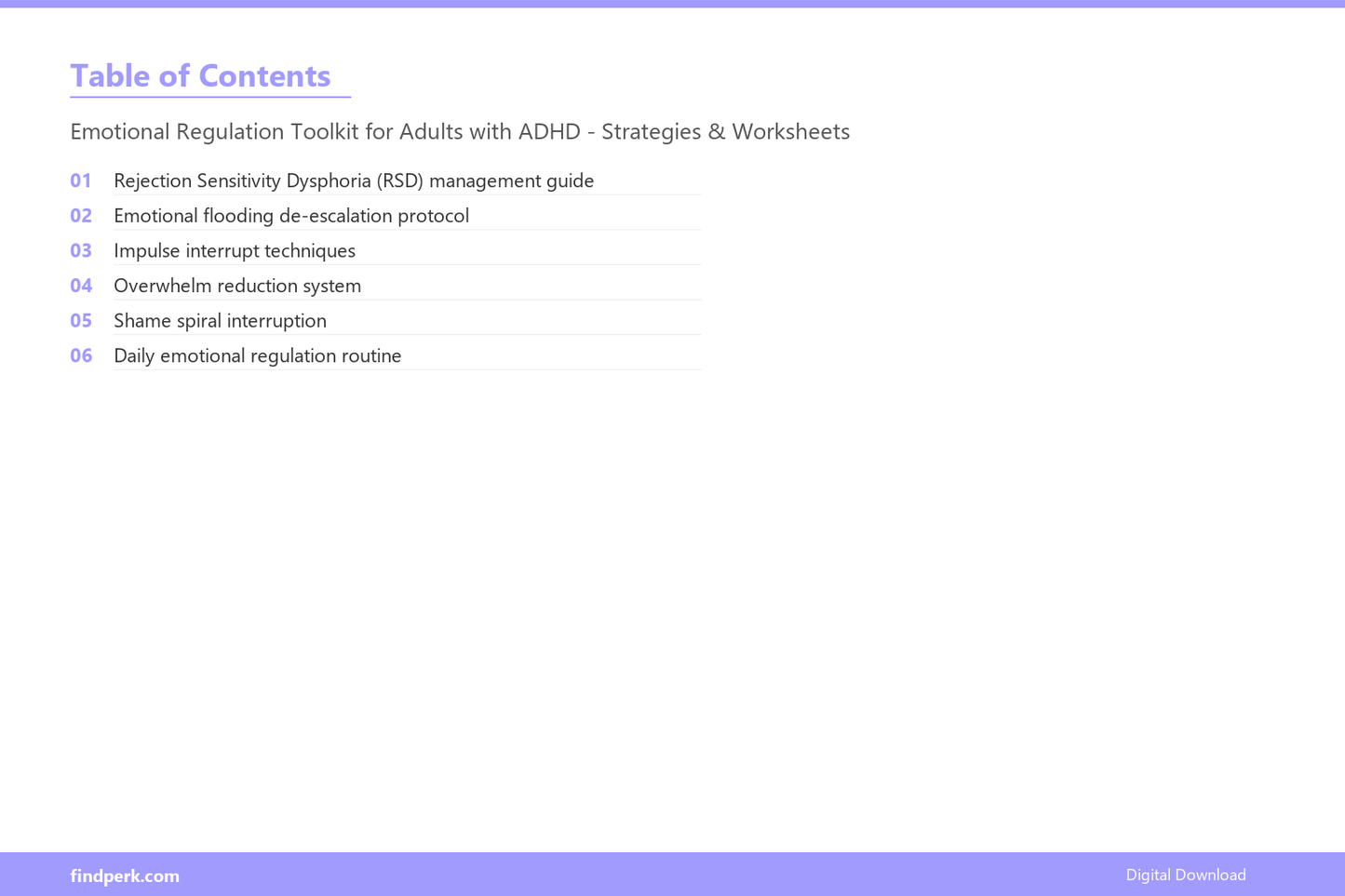 Emotional Regulation Toolkit for Adults with ADHD - Strategies & Worksheets - Table of Contents