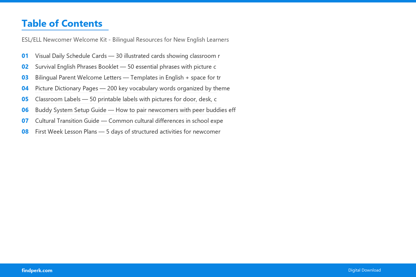 ESL/ELL Newcomer Welcome Kit - Bilingual Resources for New English Learners - Table of Contents