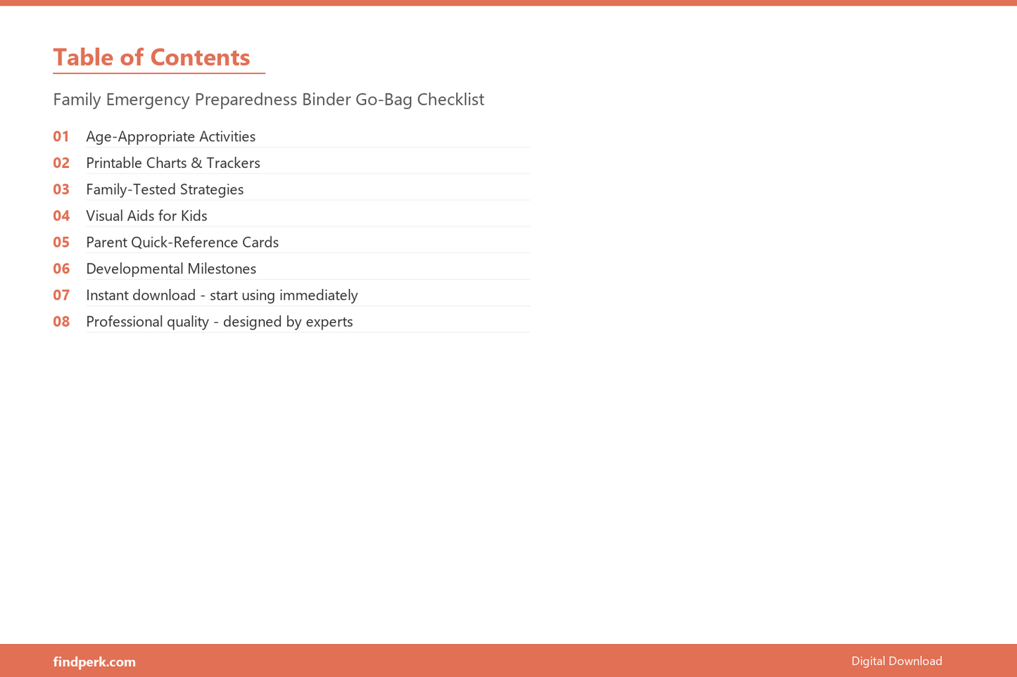 Family Emergency Preparedness Binder Go-Bag Checklist - Table of Contents