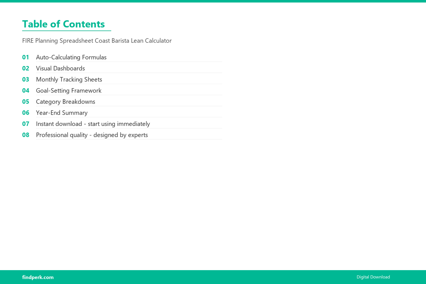 FIRE Planning Spreadsheet Coast Barista Lean Calculator - Table of Contents