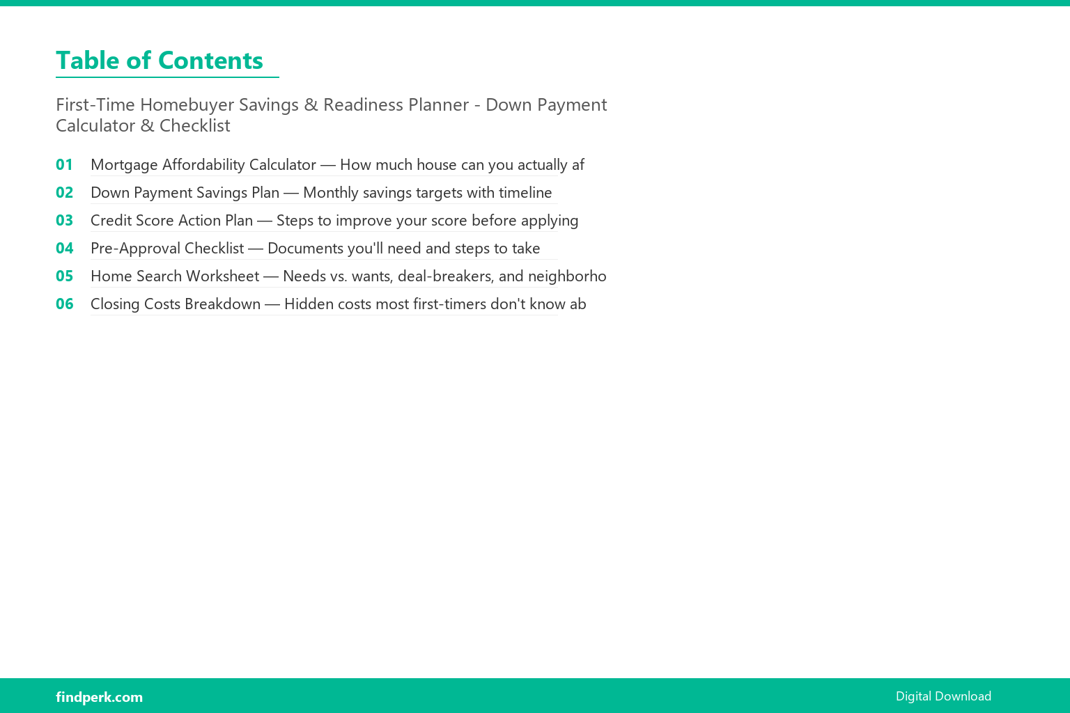 First-Time Homebuyer Savings & Readiness Planner - Down Payment Calculator & Checklist - Table of Contents