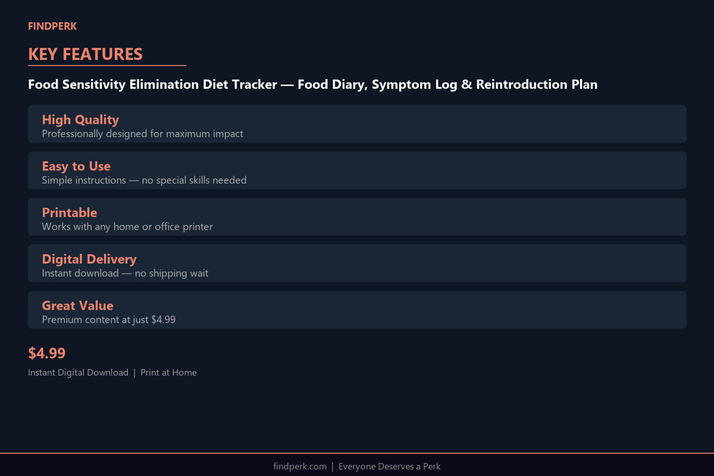 Food Sensitivity Elimination Diet Tracker — Food Diary, Symptom Log & Reintroduction Plan