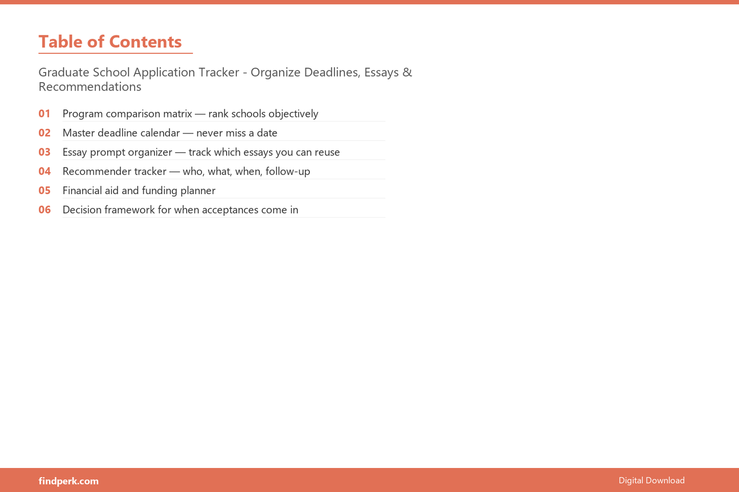 Graduate School Application Tracker - Organize Deadlines, Essays & Recommendations - Table of Contents