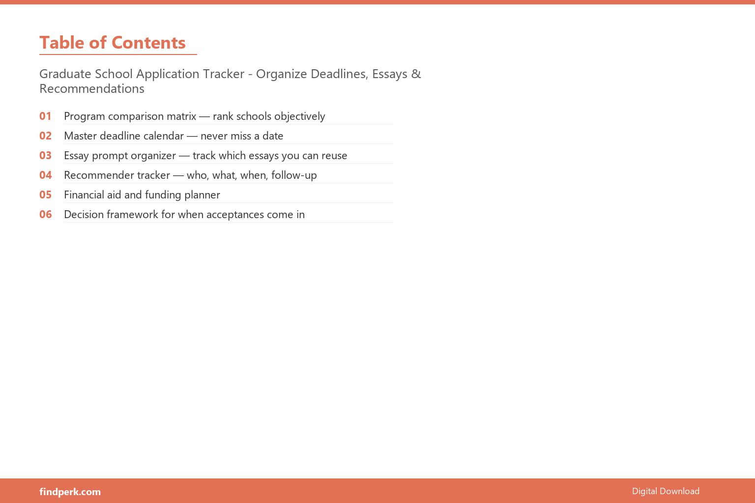 Graduate School Application Tracker - Organize Deadlines, Essays & Recommendations - Table of Contents