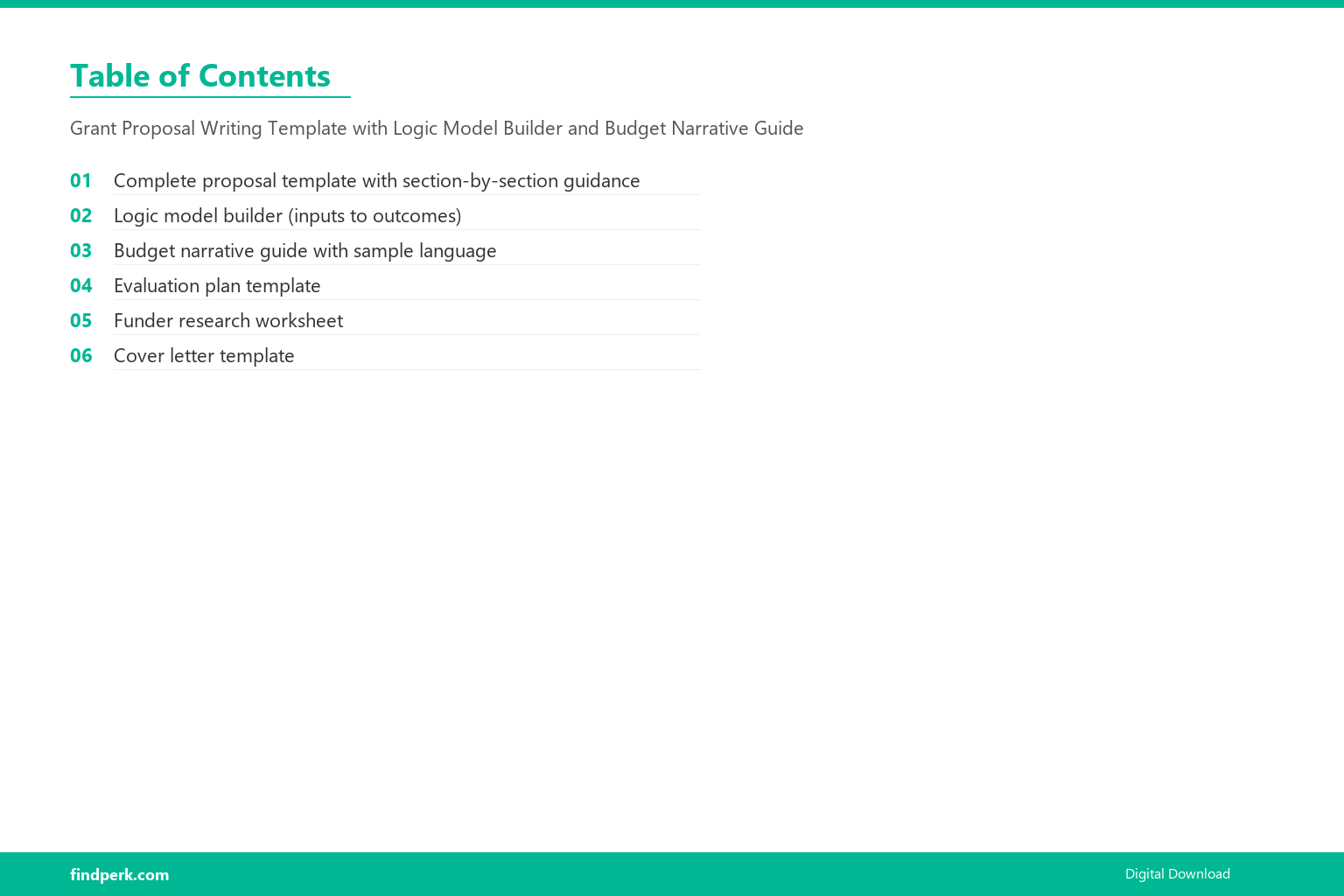 Grant Proposal Writing Template with Logic Model Builder and Budget Narrative Guide - Table of Contents