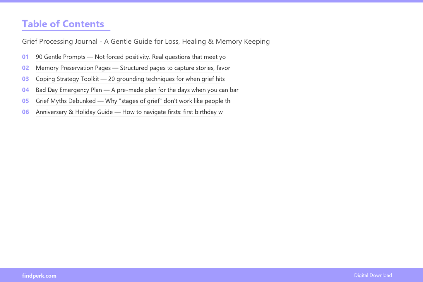 Grief Processing Journal - A Gentle Guide for Loss, Healing & Memory Keeping - Table of Contents
