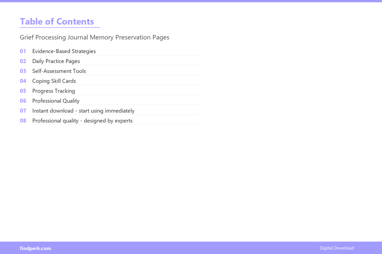 Grief Processing Journal Memory Preservation Pages - Table of Contents