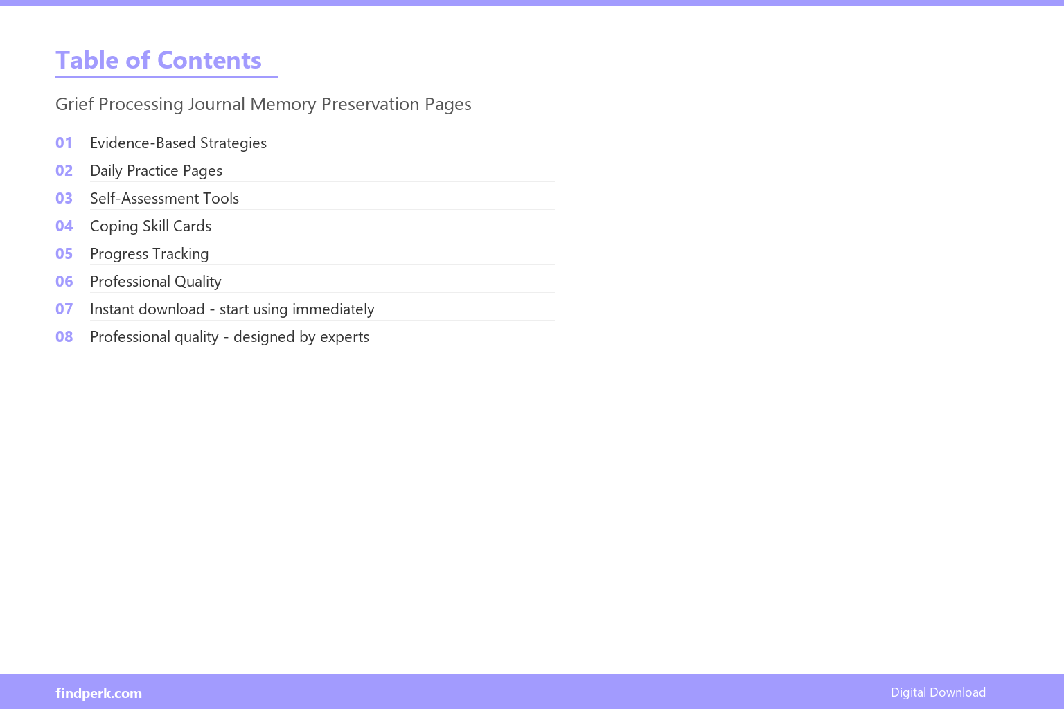 Grief Processing Journal Memory Preservation Pages - Table of Contents