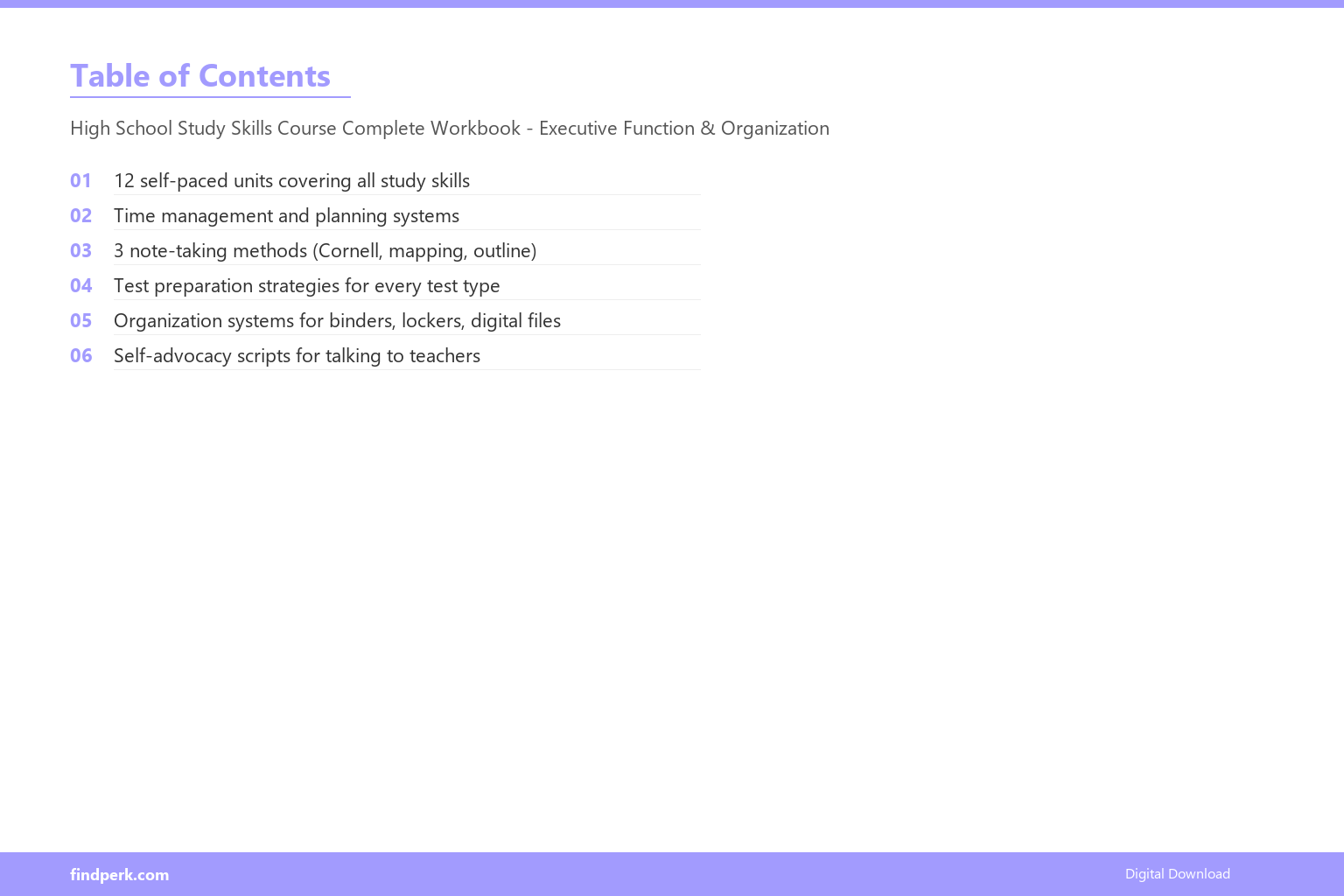 High School Study Skills Course Complete Workbook - Executive Function & Organization - Table of Contents