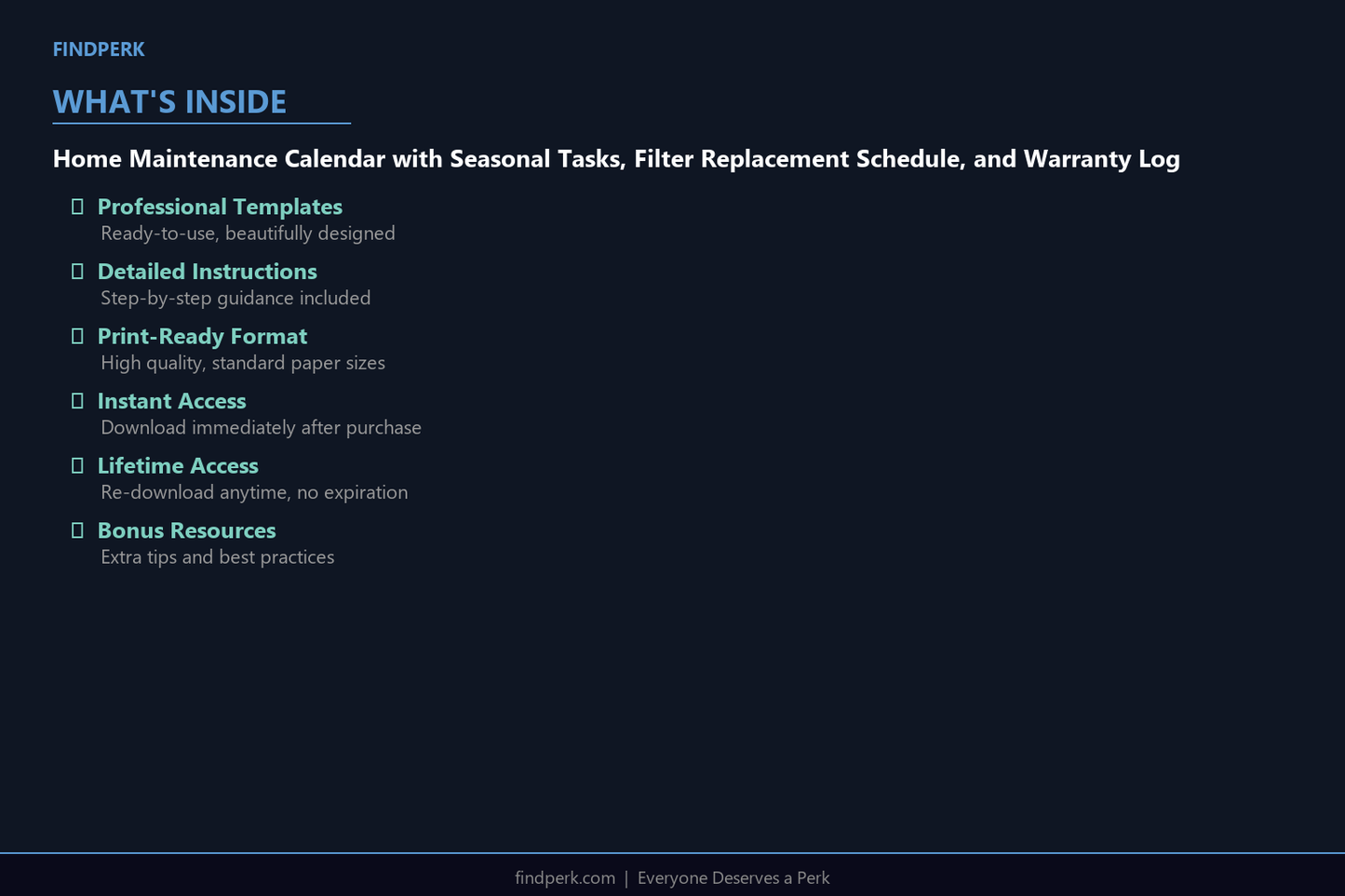 Home Maintenance Calendar with Seasonal Tasks, Filter Replacement Schedule, and Warranty Log