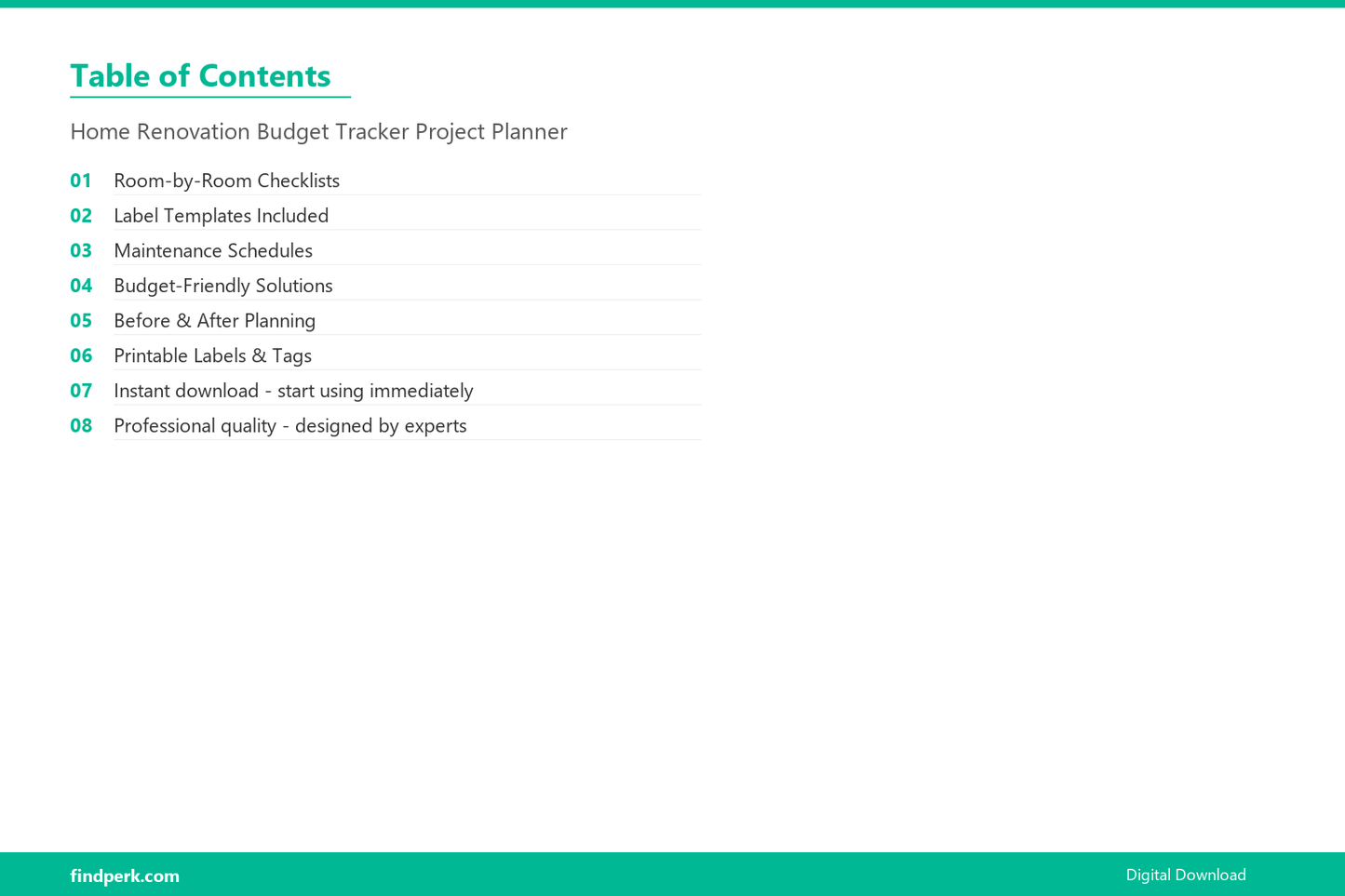 Home Renovation Budget Tracker Project Planner - Table of Contents