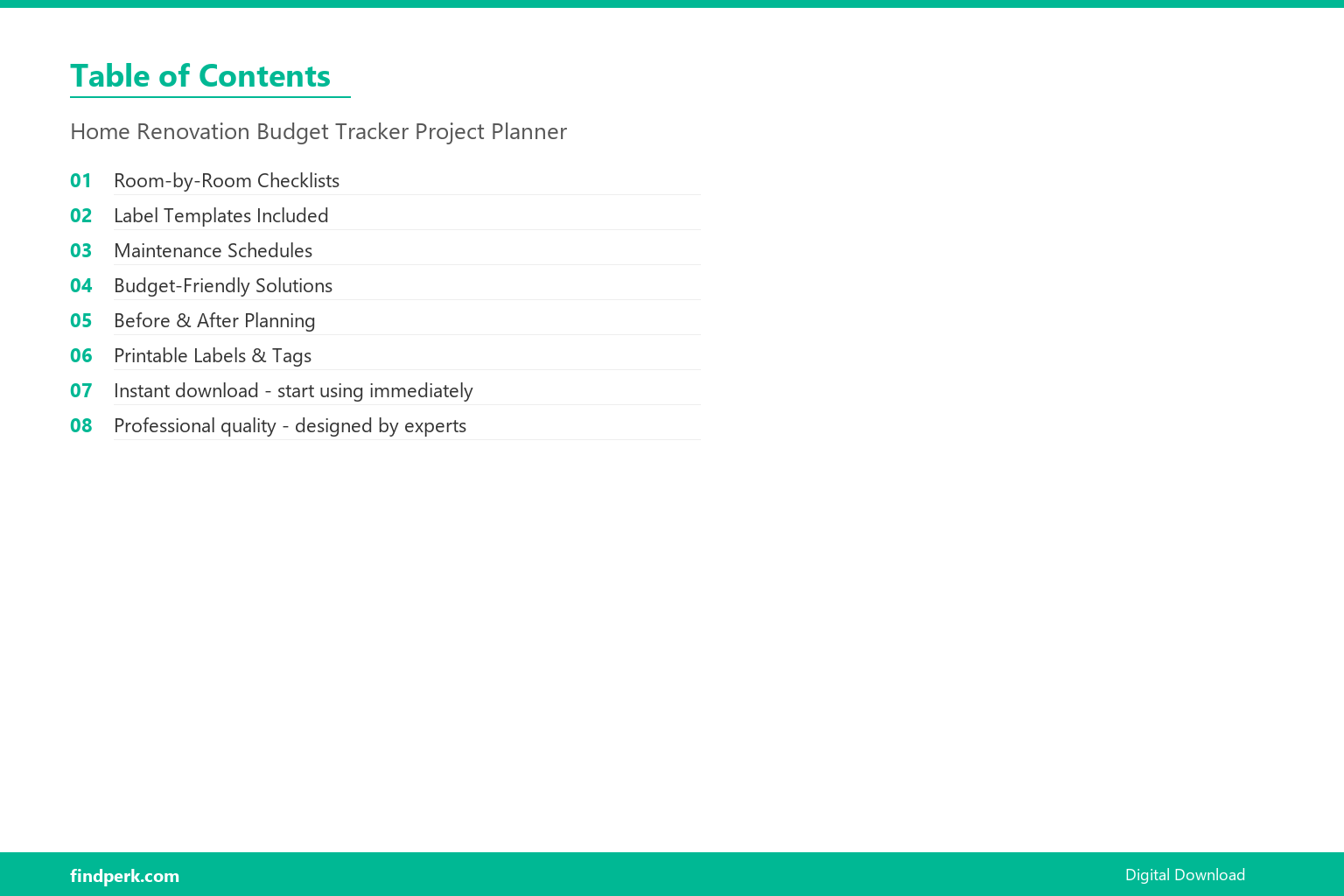 Home Renovation Budget Tracker Project Planner - Table of Contents